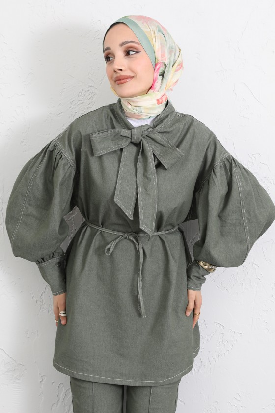 Yaka Bağlamalı Denim Takım Y0114 - HAKİ