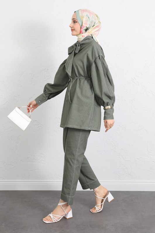 Yaka Bağlamalı Denim Takım Y0114 - HAKİ