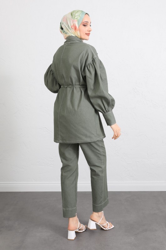 Yaka Bağlamalı Denim Takım Y0114 - HAKİ