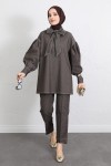 Yaka Bağlamalı Denim Takım Y0114 - KAHVERENGİ