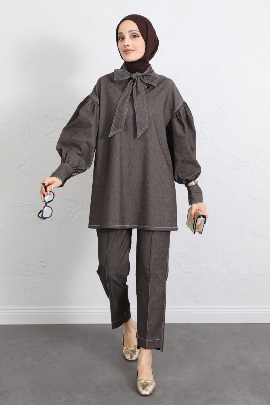 Yaka Bağlamalı Denim Takım Y0114 - KAHVERENGİ