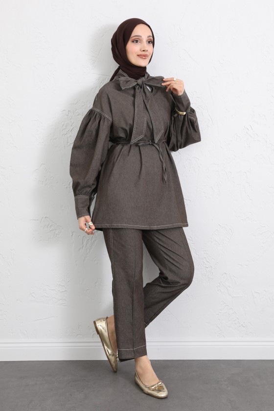Yaka Bağlamalı Denim Takım Y0114 - KAHVERENGİ