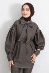 Yaka Bağlamalı Denim Takım Y0114 - KAHVERENGİ
