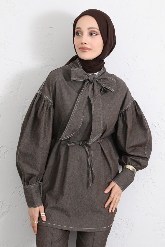 Yaka Bağlamalı Denim Takım Y0114 - KAHVERENGİ