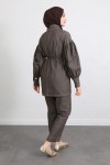 Yaka Bağlamalı Denim Takım Y0114 - KAHVERENGİ