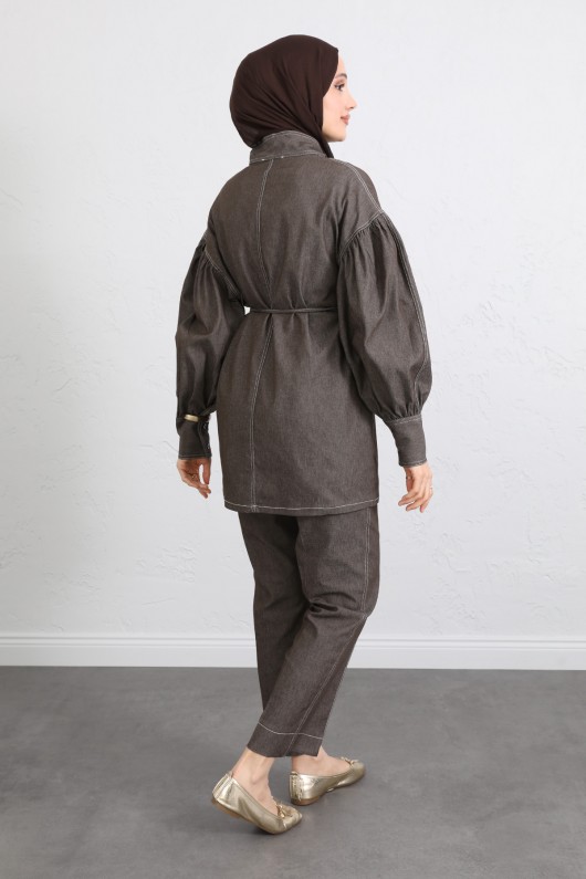 Yaka Bağlamalı Denim Takım Y0114 - KAHVERENGİ