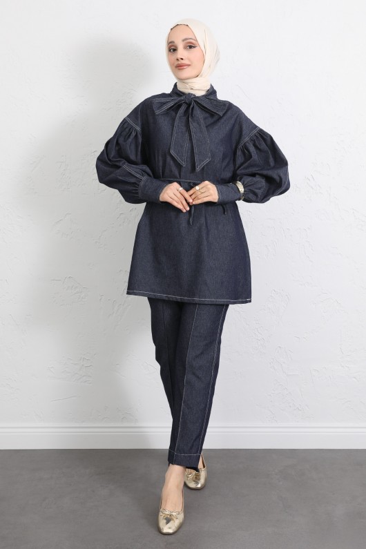 Yaka Bağlamalı Denim Takım Y0114 - LACİVERT