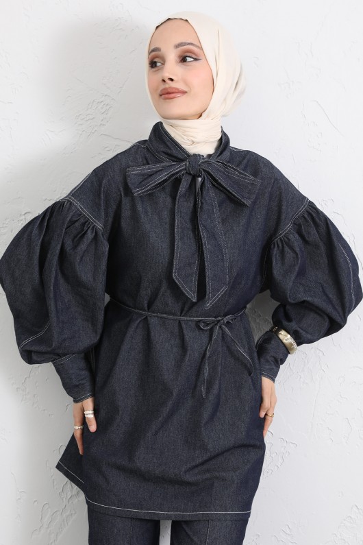 Yaka Bağlamalı Denim Takım Y0114 - LACİVERT
