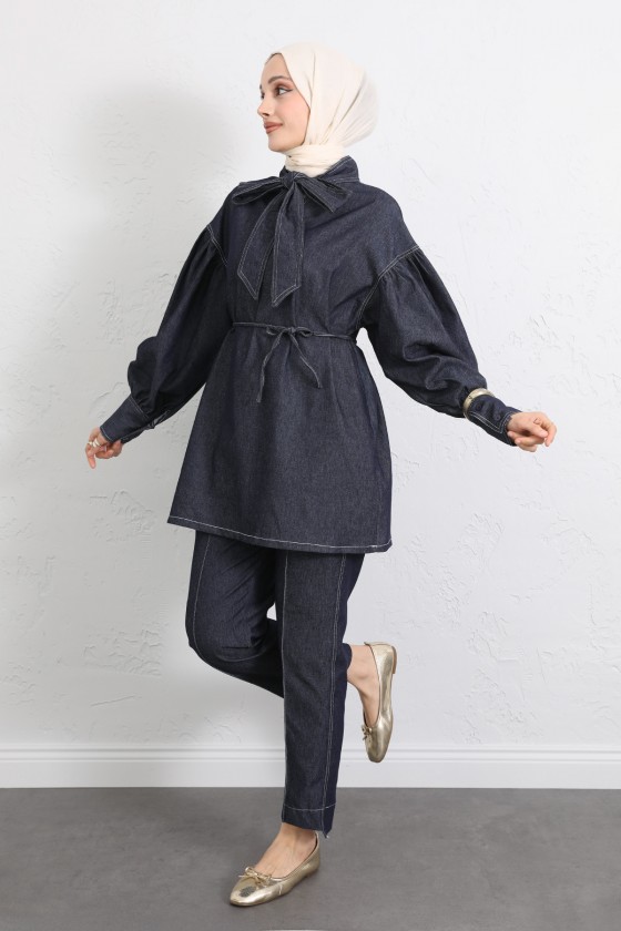 Yaka Bağlamalı Denim Takım Y0114 - LACİVERT