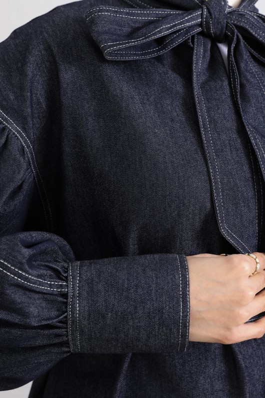 Yaka Bağlamalı Denim Takım Y0114 - LACİVERT