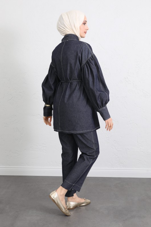 Yaka Bağlamalı Denim Takım Y0114 - LACİVERT