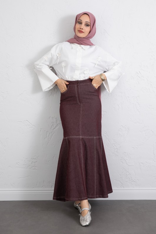 Kontrast Dikişli Denim Etek Y0115 - BORDO