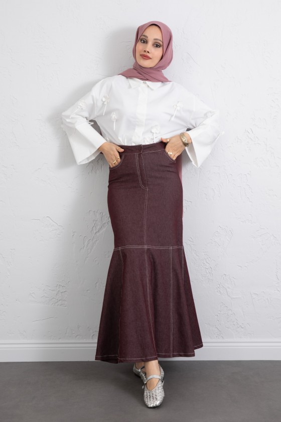 Kontrast Dikişli Denim Etek Y0115 - BORDO