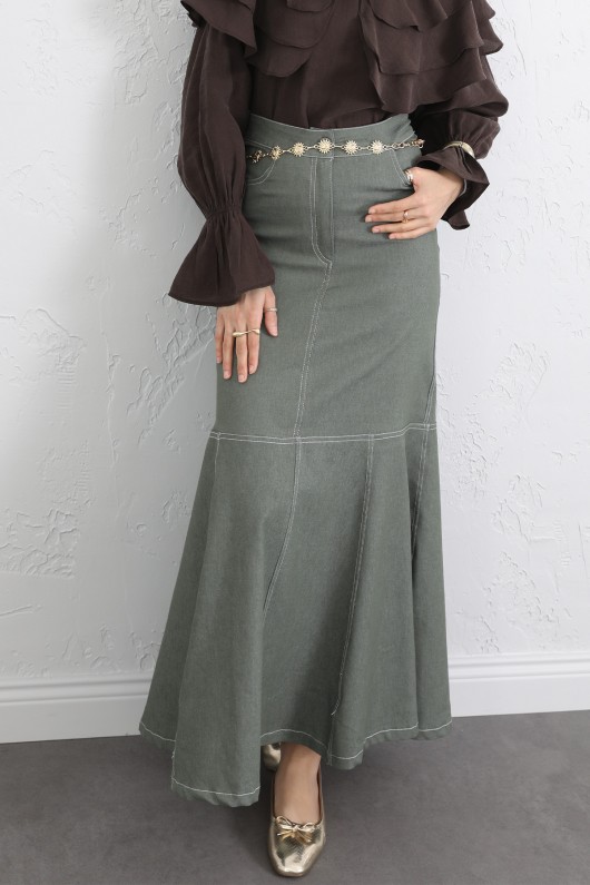 Kontrast Dikişli Denim Etek Y0115 - HAKİ Kontrast Dikişli Denim Etek Y0115 - HAKİ