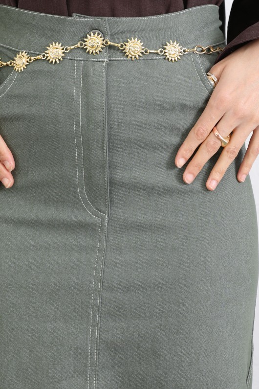 Kontrast Dikişli Denim Etek Y0115 - HAKİ Kontrast Dikişli Denim Etek Y0115 - HAKİ