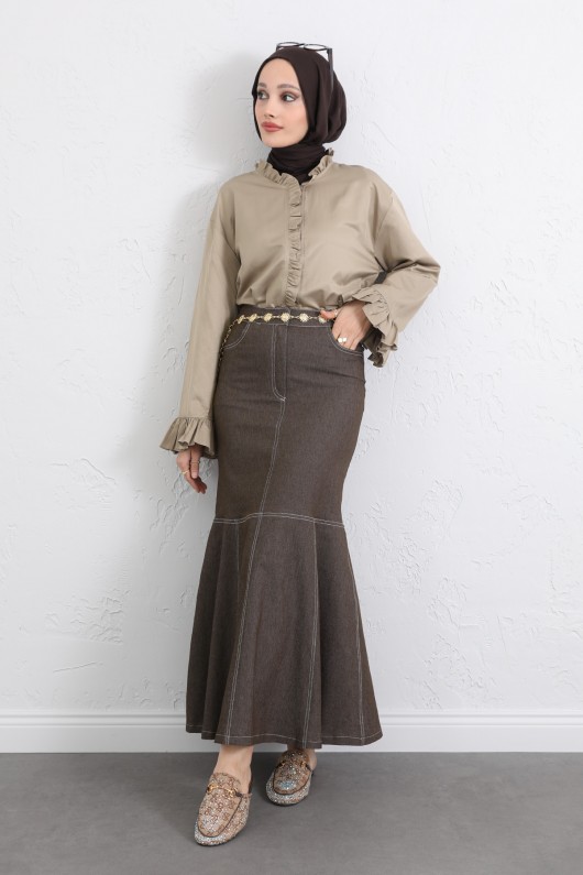 Kontrast Dikişli Denim Etek Y0115 - KAHVERENGİ Kontrast Dikişli Denim Etek Y0115 - KAHVERENGİ