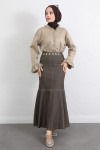 Kontrast Dikişli Denim Etek Y0115 - KAHVERENGİ Kontrast Dikişli Denim Etek Y0115 - KAHVERENGİ