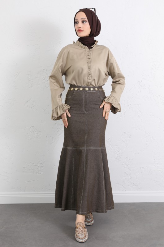 Kontrast Dikişli Denim Etek Y0115 - KAHVERENGİ Kontrast Dikişli Denim Etek Y0115 - KAHVERENGİ