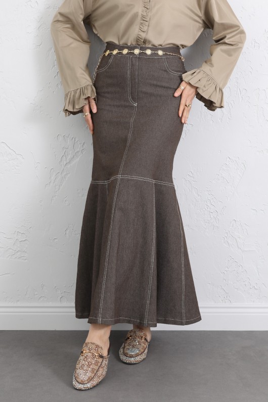 Kontrast Dikişli Denim Etek Y0115 - KAHVERENGİ Kontrast Dikişli Denim Etek Y0115 - KAHVERENGİ
