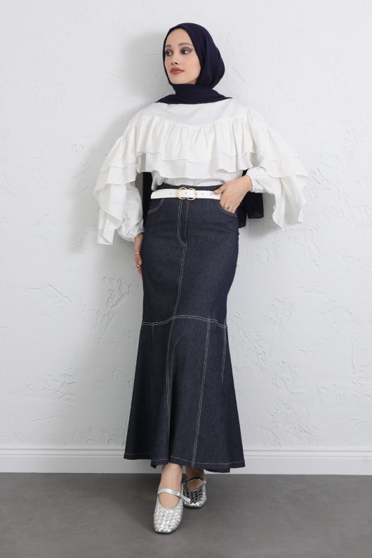 Kontrast Dikişli Denim Etek Y0115 - LACİVERT