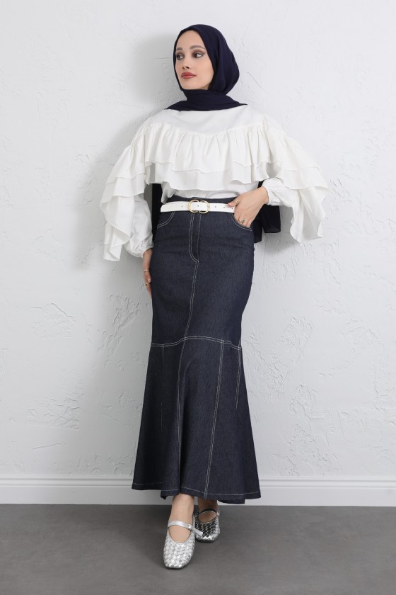 Kontrast Dikişli Denim Etek Y0115 - LACİVERT