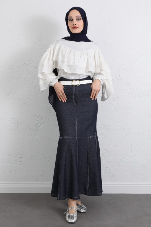 Kontrast Dikişli Denim Etek Y0115 - LACİVERT