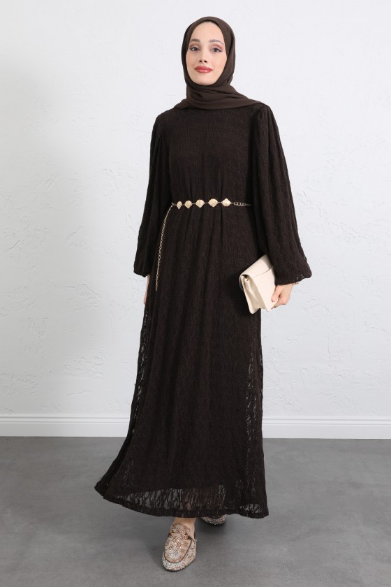 Dantelli Zincir Kemerli Elbise Y0118 - KAHVERENGİ