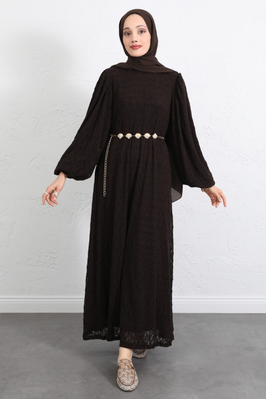 Dantelli Zincir Kemerli Elbise Y0118 - KAHVERENGİ