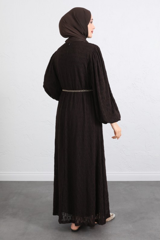 Dantelli Zincir Kemerli Elbise Y0118 - KAHVERENGİ