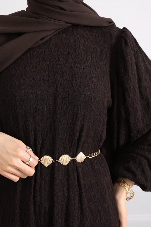 Dantelli Zincir Kemerli Elbise Y0118 - KAHVERENGİ