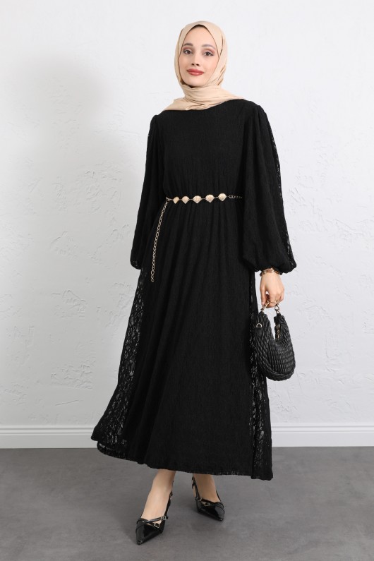 Dantelli Zincir Kemerli Elbise Y0118 - SİYAH