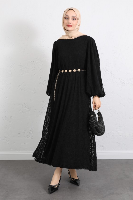 Dantelli Zincir Kemerli Elbise Y0118 - SİYAH