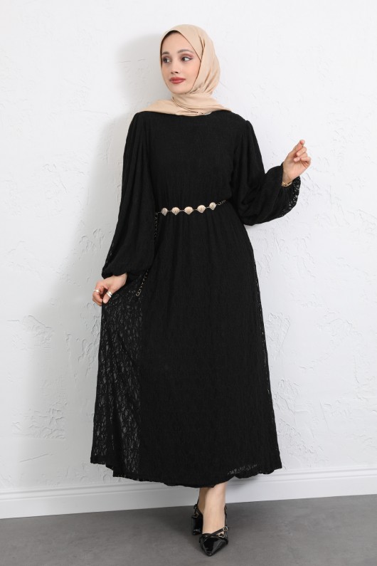 Dantelli Zincir Kemerli Elbise Y0118 - SİYAH