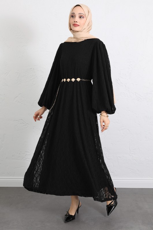 Dantelli Zincir Kemerli Elbise Y0118 - SİYAH